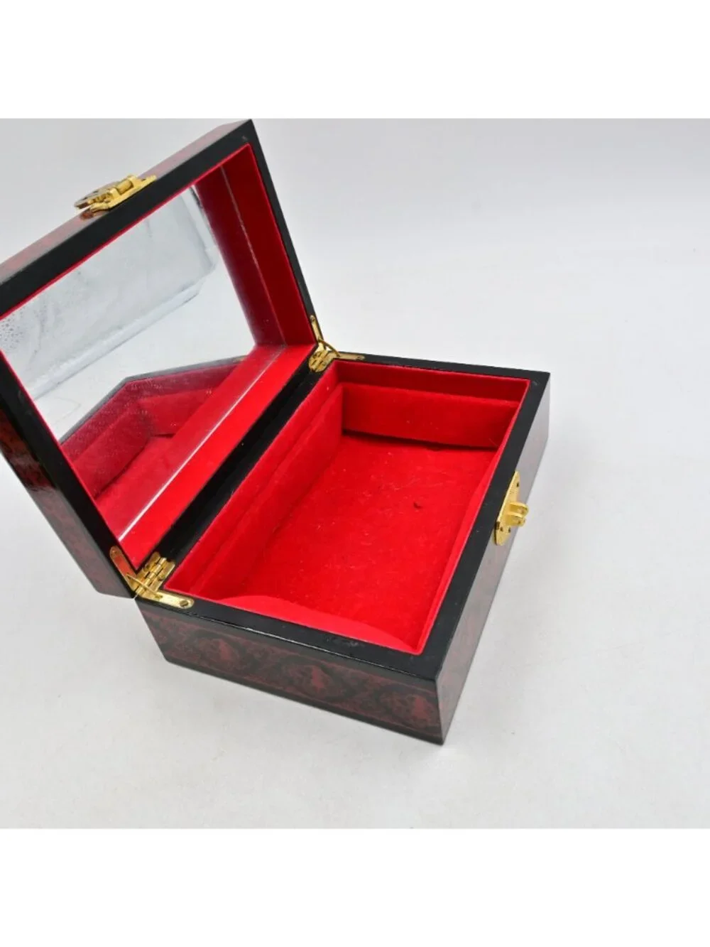 Chinese Black Lacquer Jewelry Box Vintage Hand Painted Reclining Lady Mirror